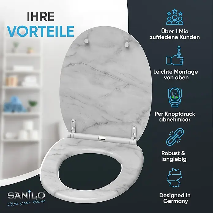 SANILO WC-Sitz Marmor mit Schnellverschluss - MDF, Grau, Mit Absenkautomatik - Toilettensitz mit weißem Marmormuster und Absenkautomatik, präsentiert mit seinen Vorteilen.