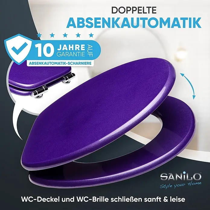 SANILO WC-Sitz Glitzer Lila mit Schnellverschluss - MDF, Violett, Mit Absenkautomatik - Lila WC-Sitz mit Glitzereffekt und doppelter Absenkautomatik für sanftes Schließen.