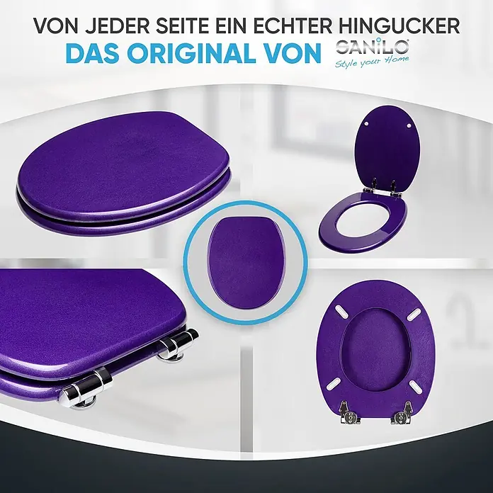 SANILO WC-Sitz Glitzer Lila mit Schnellverschluss - MDF, Violett, Mit Absenkautomatik - Violetter Glitzer-WC-Sitz mit Chromscharnieren, aus verschiedenen Blickwinkeln dargestellt.