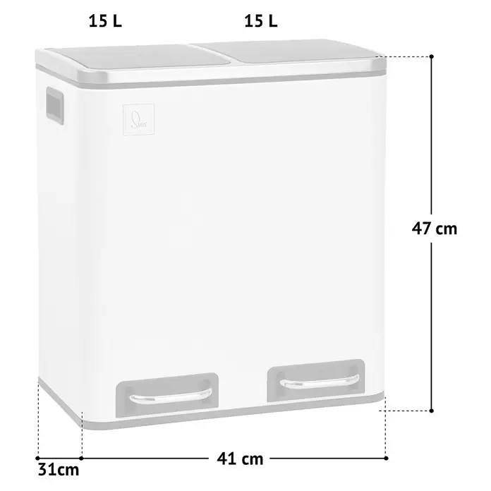 SVITA Treteimer TM2X15 - 30 l, Stahl, Weiß - Weißer Doppel-Mülleimer mit zwei 15L Fächern und Fußpedalen. Maße: 47x41x31 cm.