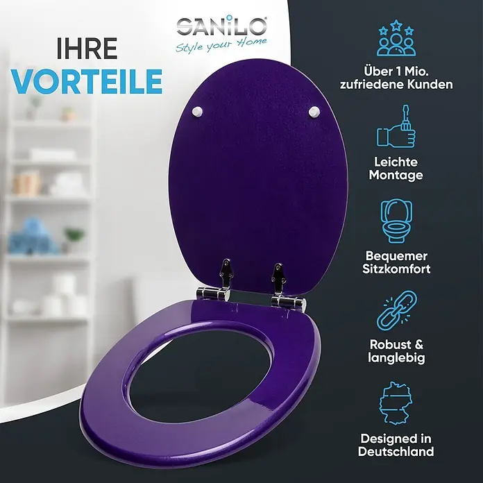 SANILO WC-Sitz Glitzer Lila mit Schnellverschluss - MDF, Violett, Mit Absenkautomatik - Lebhaftes, violettes Toilettensitz mit offenem Deckel, silberne Scharniere sichtbar.