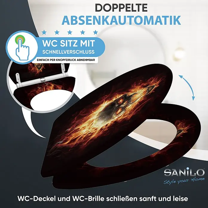 SANILO WC-Sitz Totenkopf mit Schnellverschluss - MDF, Schwarz, Mit Absenkautomatik - Dunkler WC-Sitz mit Flammen-Design, doppelter Absenkautomatik und Schnellverschluss.