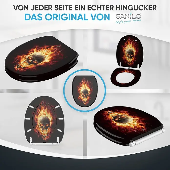 SANILO WC-Sitz Totenkopf mit Schnellverschluss - MDF, Schwarz, Mit Absenkautomatik - Schwarzer Toilettensitz mit flammendem Totenkopf-Motiv, aus verschiedenen Blickwinkeln.
