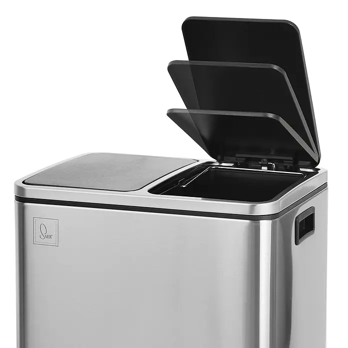 SVITA Treteimer TM2X15 - 30 l, Edelstahl, Silber - Zweifach-Mülleimer aus Edelstahl mit schwarzen Soft-Close-Deckeln, ein Deckel offen.