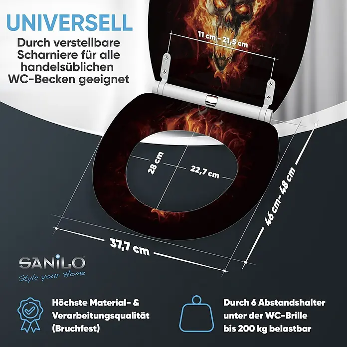 SANILO WC-Sitz Totenkopf mit Schnellverschluss - MDF, Schwarz, Mit Absenkautomatik - WC-Sitz mit flammendem Totenkopf-Design, universell passend und von hoher Qualität.
