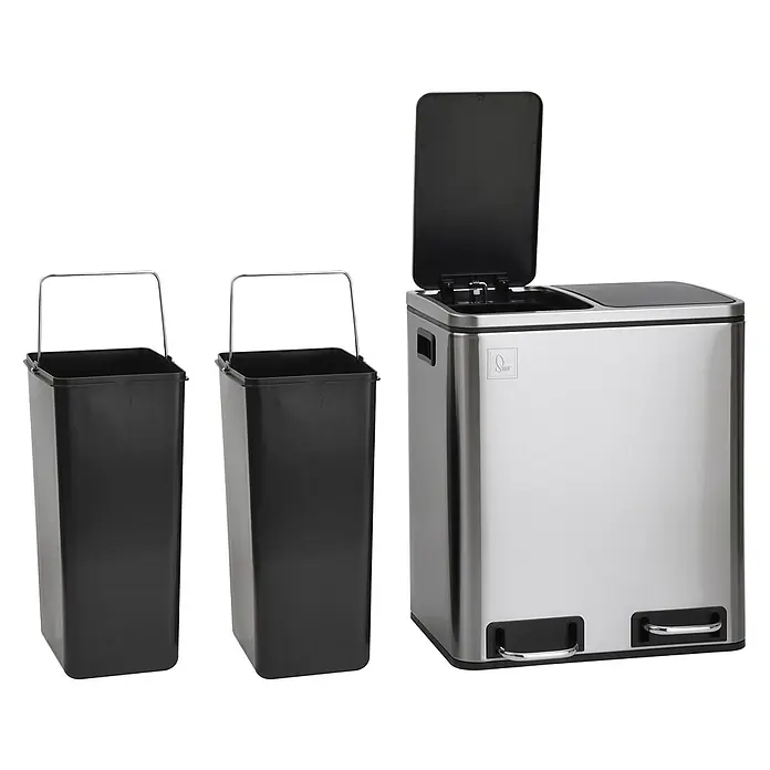 SVITA Treteimer TM2X15 - 30 l, Edelstahl, Silber - Gebürsteter Edelstahl-Doppelmülleimer mit offenem Deckel und zwei separaten schwarzen Kunststoffeinsätzen mit Metallgriffen.