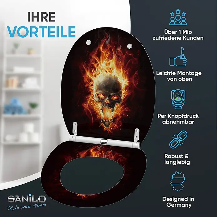 SANILO WC-Sitz Totenkopf mit Schnellverschluss - MDF, Schwarz, Mit Absenkautomatik - Toilettensitz mit flammendem Totenkopfdesign und weißen Soft-Close-Scharnieren. Werbebild mit Produktvorteilen.