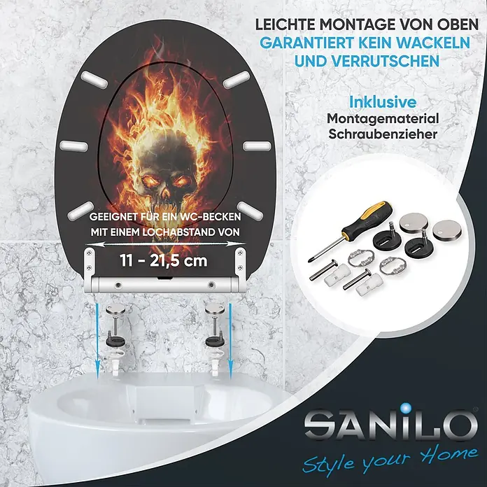 SANILO WC-Sitz Totenkopf mit Schnellverschluss - MDF, Schwarz, Mit Absenkautomatik - WC-Sitz mit Schädel-Flammen-Design, einfacher Top-Montage und variablem Lochabstand (11-21,5 cm). Inkl. Montagematerial und Schraubenzieher.