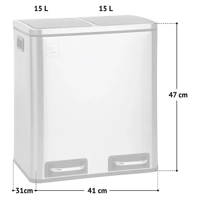 SVITA Treteimer TM2X15 - 30 l, Edelstahl, Silber - Silberner Edelstahl-Doppeltretmülleimer mit zwei 15-L-Fächern, 41x31x47 cm, zur Mülltrennung.