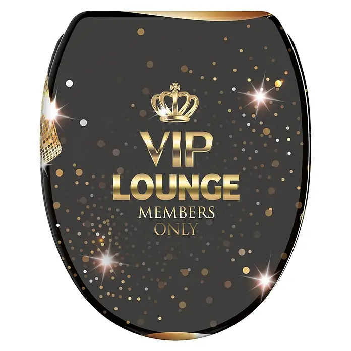 SANILO WC-Sitz VIP Lounge mit Schnellverschluss - MDF, Goldfarben, Mit Absenkautomatik - Schwarzer Toilettensitzbezug mit goldenem „VIP LOUNGE MEMBERS ONLY“-Text, Krone und Glitzerakzenten.
