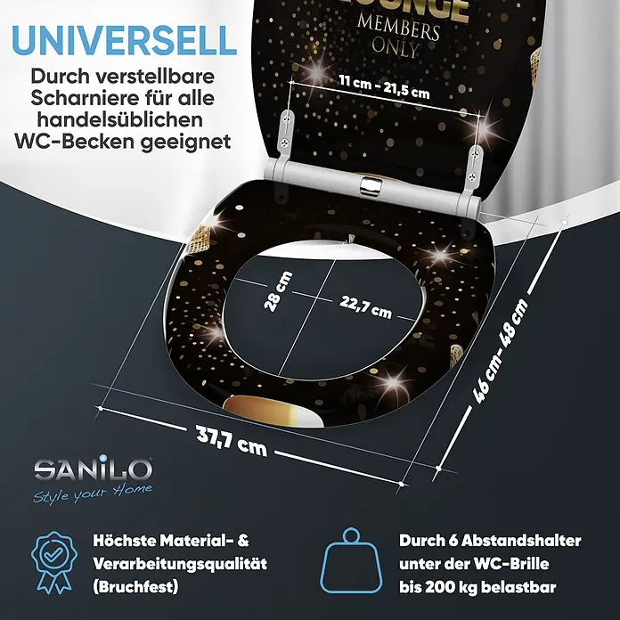 SANILO WC-Sitz VIP Lounge mit Schnellverschluss - MDF, Goldfarben, Mit Absenkautomatik - Schwarzer WC-Sitz mit goldenem Glitzerdesign, verstellbaren Scharnieren (11-21,5 cm), 46-48 cm lang, 37,7 cm breit, bis 200 kg belastbar, bruchfest.