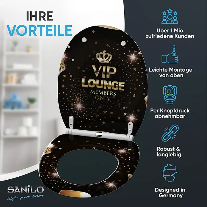 SANILO WC-Sitz VIP Lounge mit Schnellverschluss - MDF, Goldfarben, Mit Absenkautomatik - Schwarzer Toilettensitz mit goldenem 'VIP LOUNGE' Design.