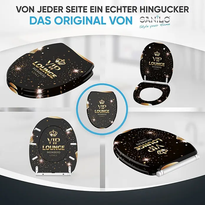 SANILO WC-Sitz VIP Lounge mit Schnellverschluss - MDF, Goldfarben, Mit Absenkautomatik - Schwarzer Toilettensitz mit goldenem Glitzer und 'VIP Lounge Members Only' Design. Aus verschiedenen Blickwinkeln dargestellt.
