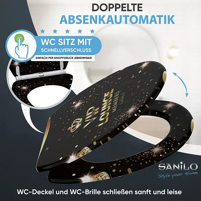 SANILO WC-Sitz VIP Lounge mit Schnellverschluss - MDF, Goldfarben, Mit Absenkautomatik - Schwarzer WC-Sitz mit goldenem VIP-Lounge-Design, doppelter Absenkautomatik und Schnellverschluss.