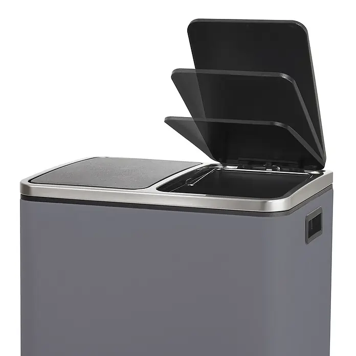 SVITA Treteimer TM2X15 - 30 l, Stahl, Grau - Grauer Doppel-Mülleimer mit Edelstahlrand und einem offenen schwarzen Deckel.
