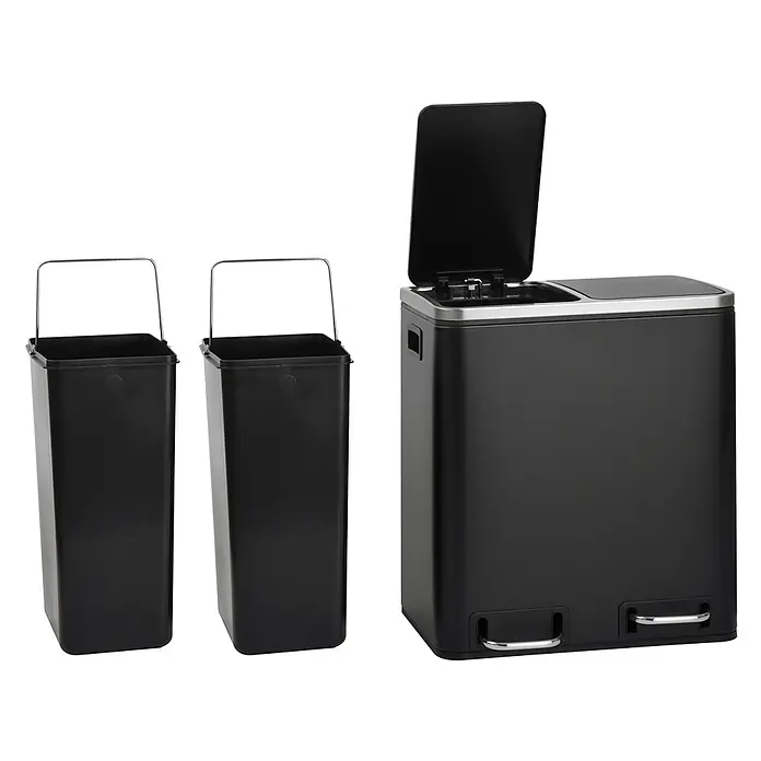 SVITA Treteimer TM2X15 - 30 l, Stahl, Schwarz - Schwarz, zweifach unterteilter Metall-Tretmülleimer mit zwei herausnehmbaren Kunststoff-Inneneimern, ein Deckel offen.