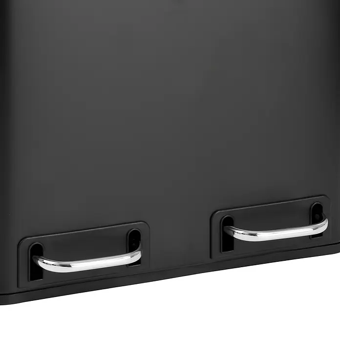 SVITA Treteimer TM2X15 - 30 l, Stahl, Schwarz - Nahaufnahme eines mattschwarzen Mülleimers mit zwei Fächern und silbernen Fußpedalen.