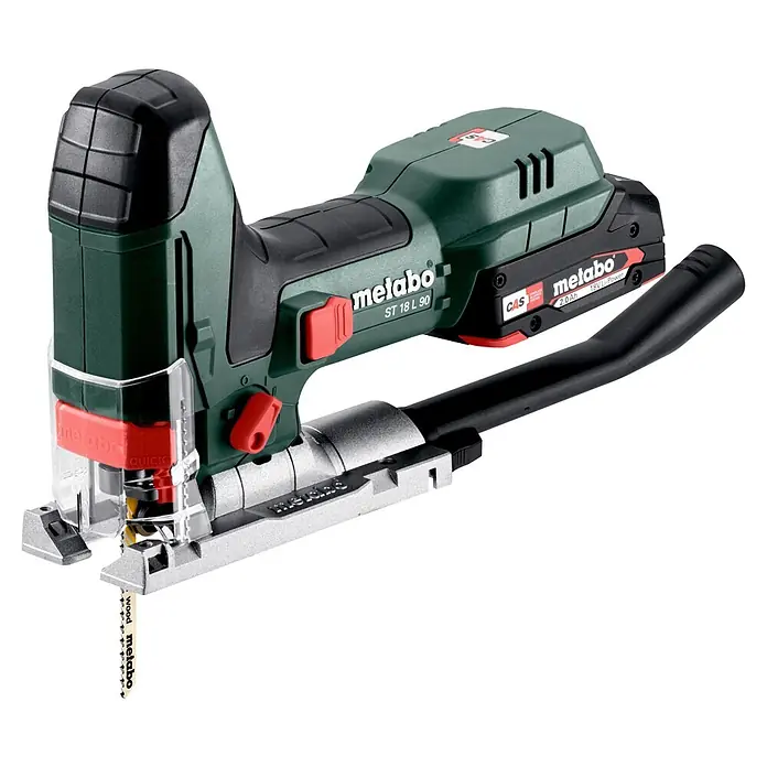 Metabo CAS 18V Akku-Pendelhubstichsäge ST 18 L 90 - 18 V, Anzahl Akkus: Ohne Akku, 750 /min - 3.000 /min - Metabo ST 18 L 90 Akku-Stichsäge in Grün-Schwarz mit Holzblatt.
