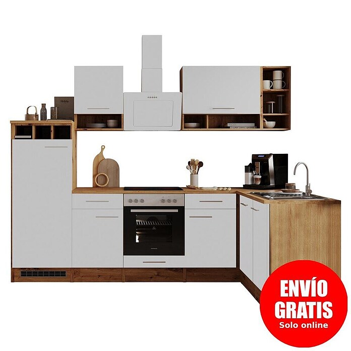 Respekta Cocina modular completa esquinera Hilde (Ancho: 280 cm, Blanco, Mate, Efecto madera, Sin electrodomésticos) | BAUHAUS
