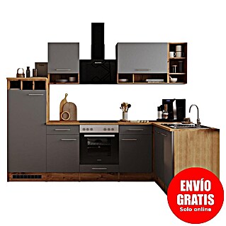 Respekta Cocina modular completa esquinera Hilde (Ancho: 280 cm, Gris, Mate, Efecto madera, Sin electrodomésticos)
