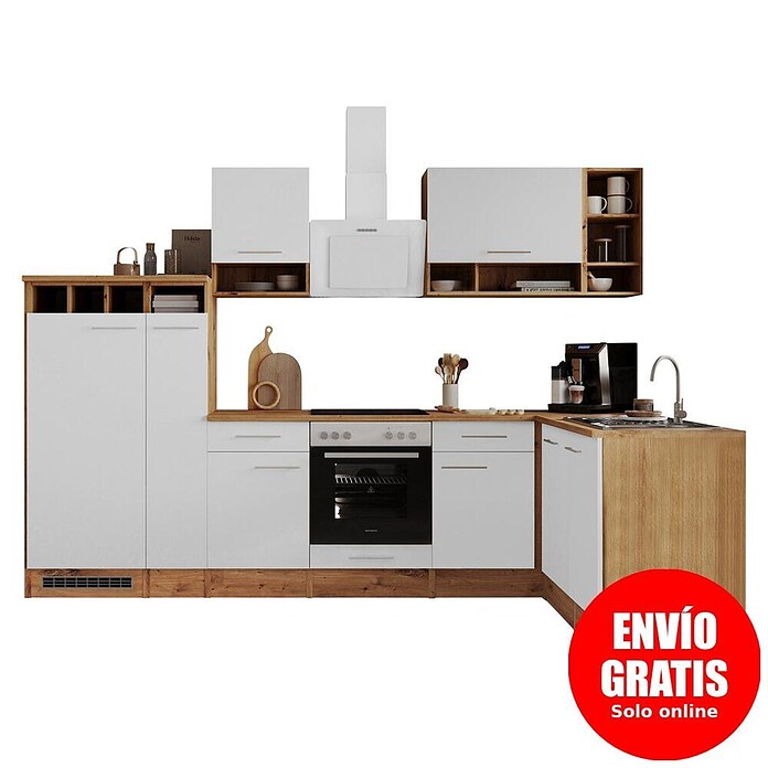 Respekta Cocina modular completa esquinera Hilde (Ancho: 310 cm, Blanco, Mate, Efecto madera, Sin electrodomésticos) | BAUHAUS