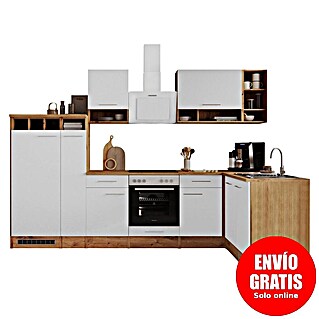 Respekta Cocina modular completa esquinera Hilde (Ancho: 310 cm, Blanco, Mate, Efecto madera, Sin electrodomésticos)