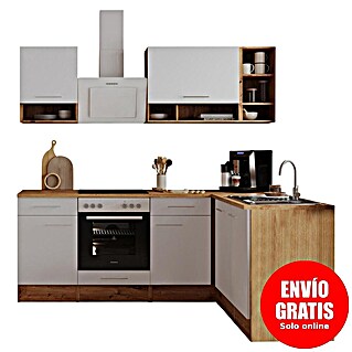 Respekta Cocina modular completa esquinera Hilde (Ancho: 220 cm, Blanco, Mate, Efecto madera, Sin electrodomésticos)