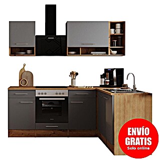 Respekta Cocina modular completa esquinera Hilde (Ancho: 220 cm, Gris, Mate, Efecto madera, Sin electrodomésticos)