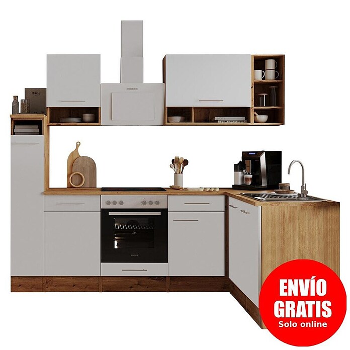 Respekta Cocina modular completa esquinera Hilde (Ancho: 250 cm, Blanco, Mate, Efecto madera, Sin electrodomésticos) | BAUHAUS