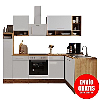 Respekta Cocina modular completa esquinera Hilde (Ancho: 250 cm, Blanco, Mate, Efecto madera, Sin electrodomésticos)