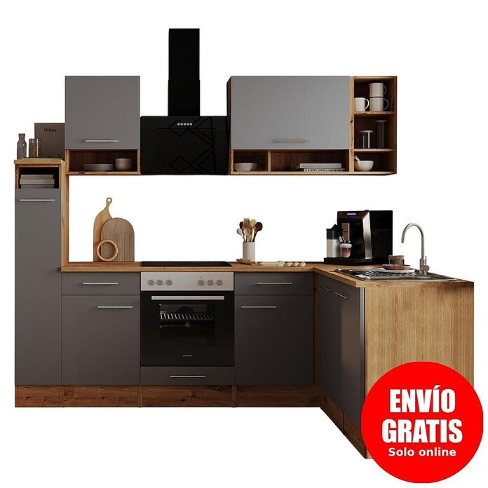 Respekta Cocina modular completa esquinera Hilde (Ancho: 250 cm, Gris, Mate, Efecto madera, Sin electrodomésticos) | BAUHAUS