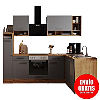 Respekta Cocina modular completa esquinera Hilde (Ancho: 250 cm, Gris, Mate, Efecto madera, Sin electrodomésticos)