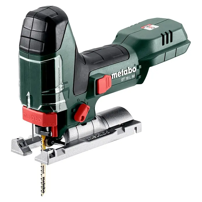 Metabo CAS 18V Akku-Pendelhubstichsäge ST 18 L 90 - 18 V, Anzahl Akkus: Ohne Akku, 750 /min - 3.000 /min - Metabo ST 18 L 90 Akku-Stichsäge in Dunkelgrün und Schwarz mit roten Akzenten, mit Schnellwechselsystem und Sägeblatt für Holz.