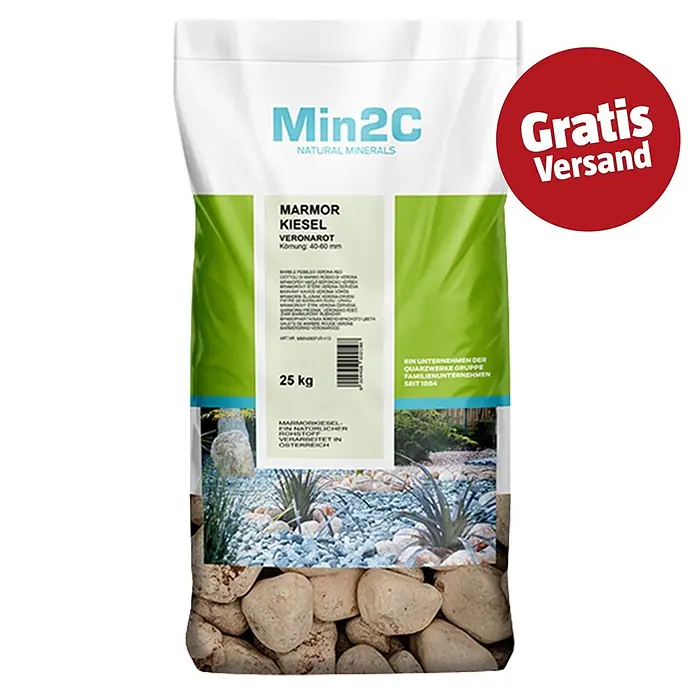 Min2C Marmorkiesel - Veronarot, Körnung: 40 mm - 60 mm, 25 kg - Weiße und grüne Packung Min2C Marmorkiesel Veronarot, 40-60mm, 25kg, mit Gratis Versand-Stempel.