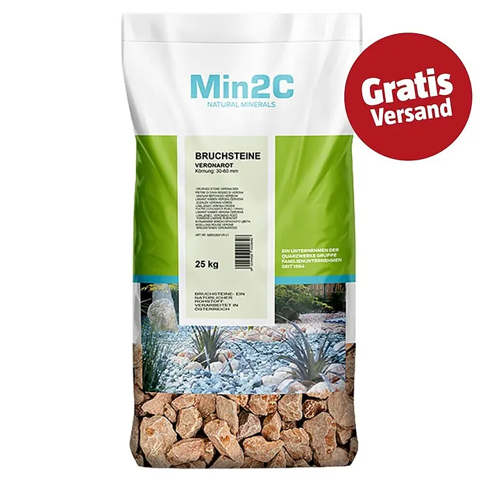 Min2C Bruchsteine - Veronarot, Körnung: 30 mm - 60 mm, 25 kg - 25-kg-Sack Min2C Bruchsteine Verona Rot, Körnung 30-60 mm.