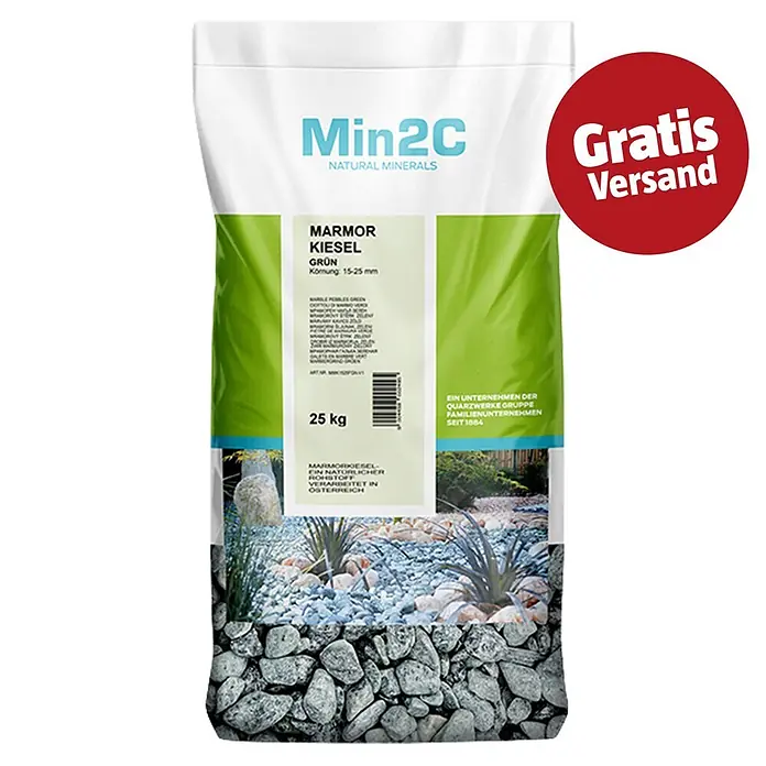 Min2C Marmorkiesel - Grün, Körnung: 15 mm - 25 mm, 25 kg - Sack Min2C grüne Marmorkiesel (25 kg, 15-25 mm) mit „Gratis Versand!” Aufkleber für die Gartengestaltung.