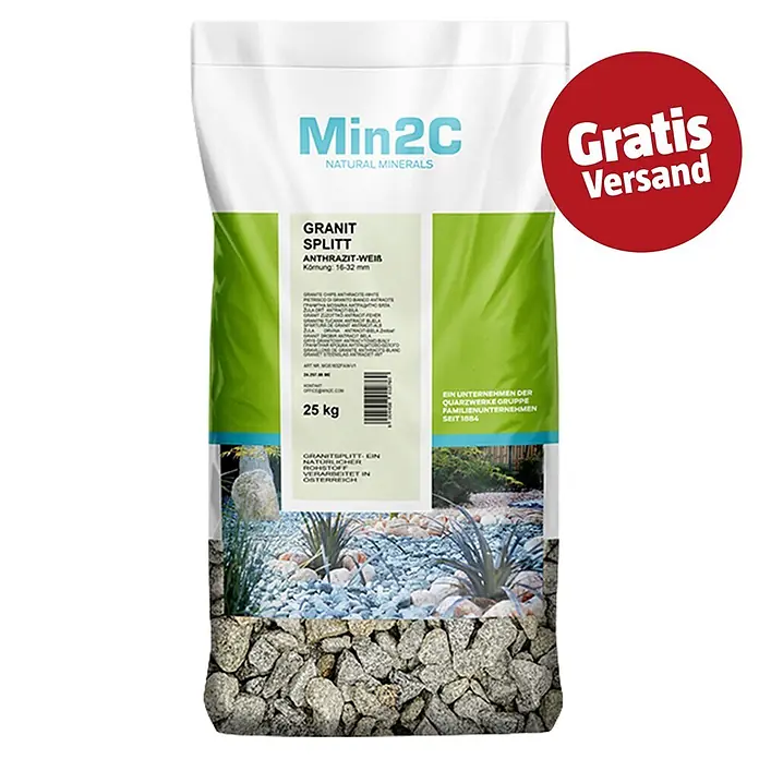 Min2C Granitsplitt - Körnung: 12 mm - 32 mm, 25 kg - Min2C 25kg Sack anthrazit-weißer Granit Splitt für Garten- und Landschaftsgestaltung.