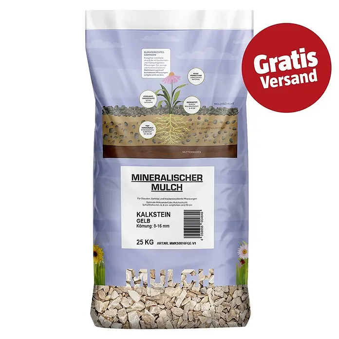 Min2C Mulch Mineralisch - Gelb, Körnung: 8 mm - 16 mm, 25 kg - Sack mit 25 kg gelbem Kalkstein-Mineralmulch, Körnung 8-16 mm. Ideal für klimagerechte Gärten und trockenresistente Pflanzen.