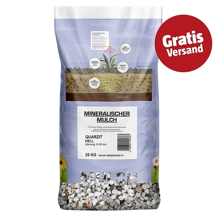 Min2C Mulch Mineralisch - Hell, Körnung: 8 mm - 16 mm, 25 kg - 25 kg Sack Mineralischer Mulch aus hellem Quarzit (8-16mm) für klimagerechtes Gärtnern, mit Gratis Versand!