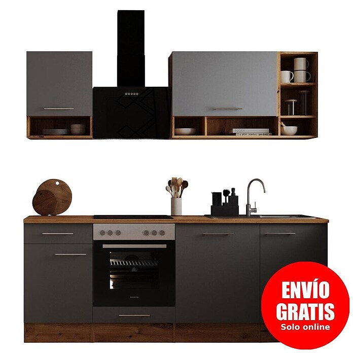 Respekta Cocina modular completa Hilde (Ancho: 220 cm, Gris, Mate, Sin electrodomésticos, Efecto madera) | BAUHAUS