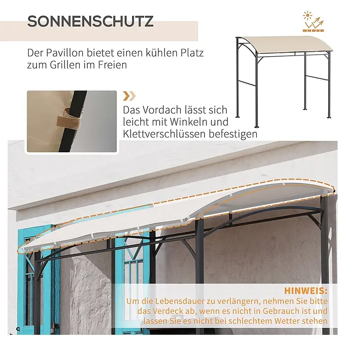 Outsunny Grillpavillon - Farbe Gestell: Schwarz, Metall - Beige Stoffüberdachung auf dunklem Metallrahmen bietet Sonnenschutz für den Außenbereich.