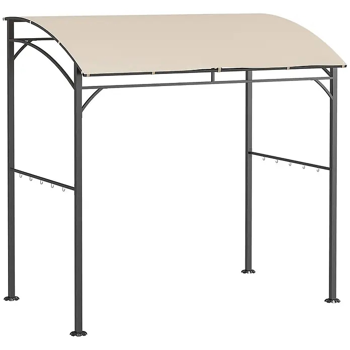 Outsunny Grillpavillon - Farbe Gestell: Schwarz, Metall - Dunkelgraue Metallpergola mit beigefarbenem Stoffdach und Haken an den Seitenstangen.