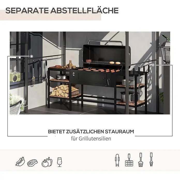 Outsunny Grillpavillon - Farbe Gestell: Schwarz, Metall - Schwarze Outdoor-Grillstation aus Metall mit Holzregalen, darauf grillendes Essen und viel Stauraum für Grillutensilien und Holz.
