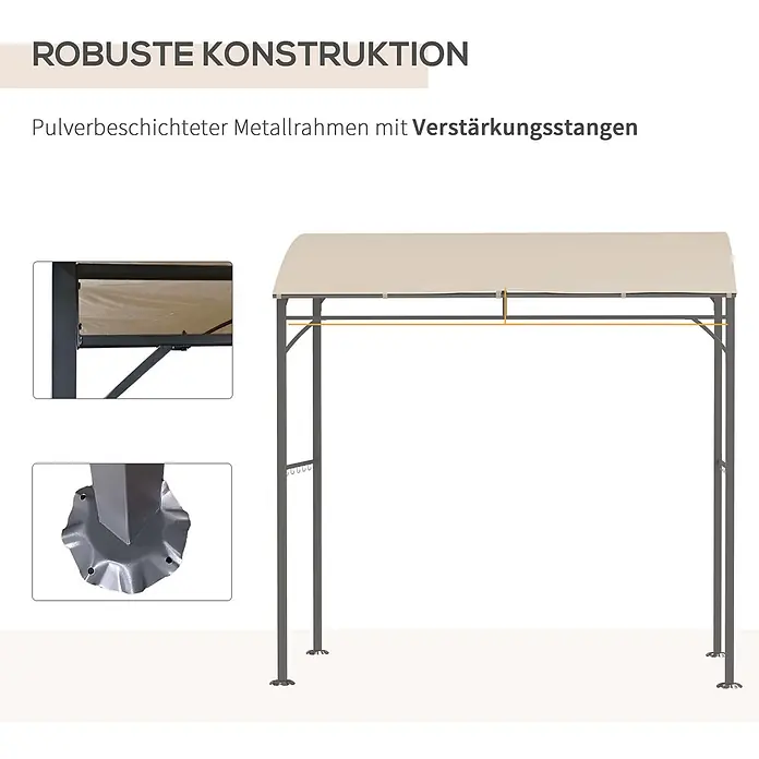 Outsunny Grillpavillon - Farbe Gestell: Schwarz, Metall - Beigefarbenes Gartenpavillon mit robustem, pulverbeschichtetem grauen Metallrahmen und Verstärkungsstangen, Nahaufnahmen der Rahmendetails und des Fußes.