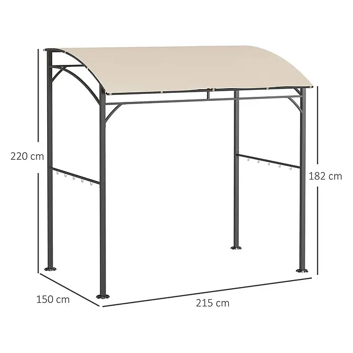 Outsunny Grillpavillon - Farbe Gestell: Schwarz, Metall - Metallrahmen-Markise mit beigem Stoffdach und Haken, Maße angezeigt.