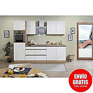 Respekta Premium Composición de cocina Lorena (Ancho: 270 cm, Blanco, Brillo intenso, Decoración encimera: Efecto madera, Con electrodomésticos)