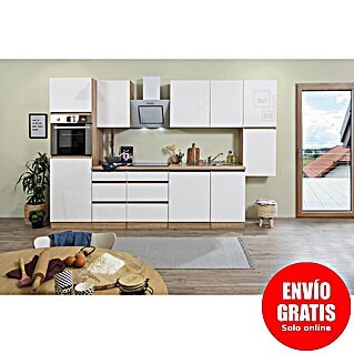 Respekta Premium Composición de cocina Lorena (Ancho: 330 cm, Blanco, Brillo intenso, Decoración encimera: Efecto madera, Con electrodomésticos)