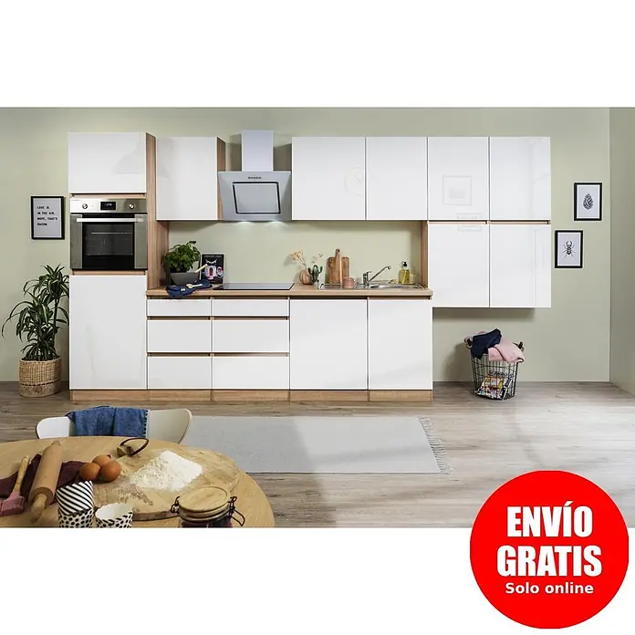 Respekta Premium Composición de cocina Lorena - Ancho: 380 cm, Blanco, Brillo intenso, Decoración encimera: Efecto madera, Con electrodomésticos - Cocina moderna con frentes blancos de alto brillo y encimeras efecto madera clara, con electrodomésticos integrados como horno, placa y fregadero, en un hogar.