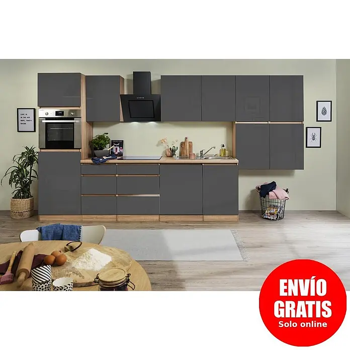 Respekta Premium Composición de cocina Lorena - Ancho: 380 cm, Gris, Brillo intenso, Decoración encimera: Efecto madera, Con electrodomésticos - Mueble de cocina moderno gris antracita con detalles de madera clara, con electrodomésticos.