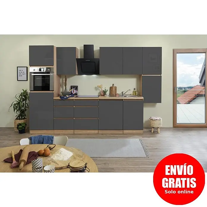 Respekta Premium Composición de cocina Lorena - Ancho: 330 cm, Gris, Brillo intenso, Decoración encimera: Efecto madera, Con electrodomésticos - Mueble de cocina moderno con armarios gris oscuro brillante y detalles efecto madera, con horno, vitrocerámica y fregadero.
